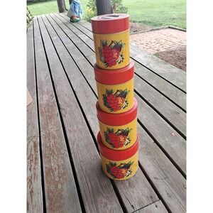 Holt Howard Japan MCM Metal Set  4 Canister Set Front & Back Graphic Nesting J4